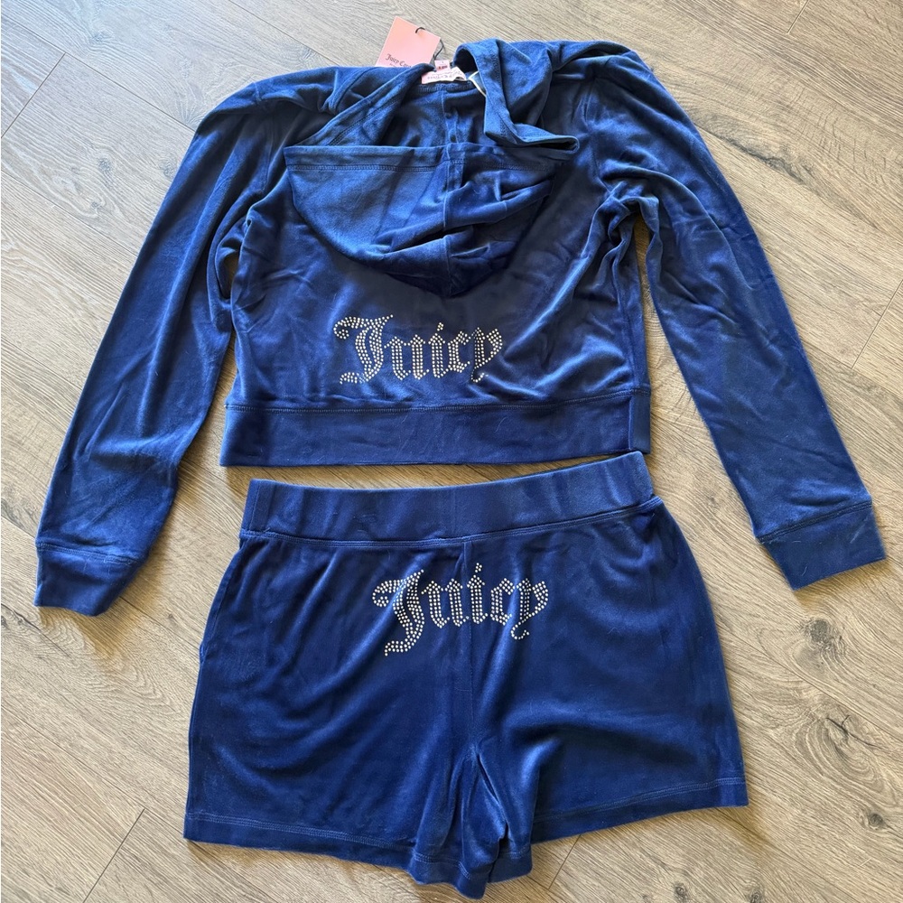 NWT Juicy Couture Big Bling Velour Track Hoodie Shorts Set Large Atlantis Blue